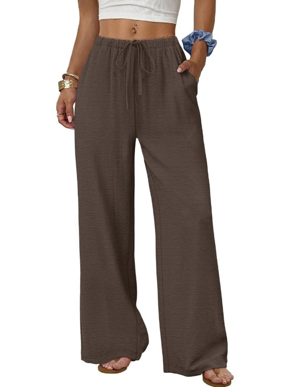 Women's Brown Flowy Elastic Waist Trousers with Pockets Summer Leg Pants